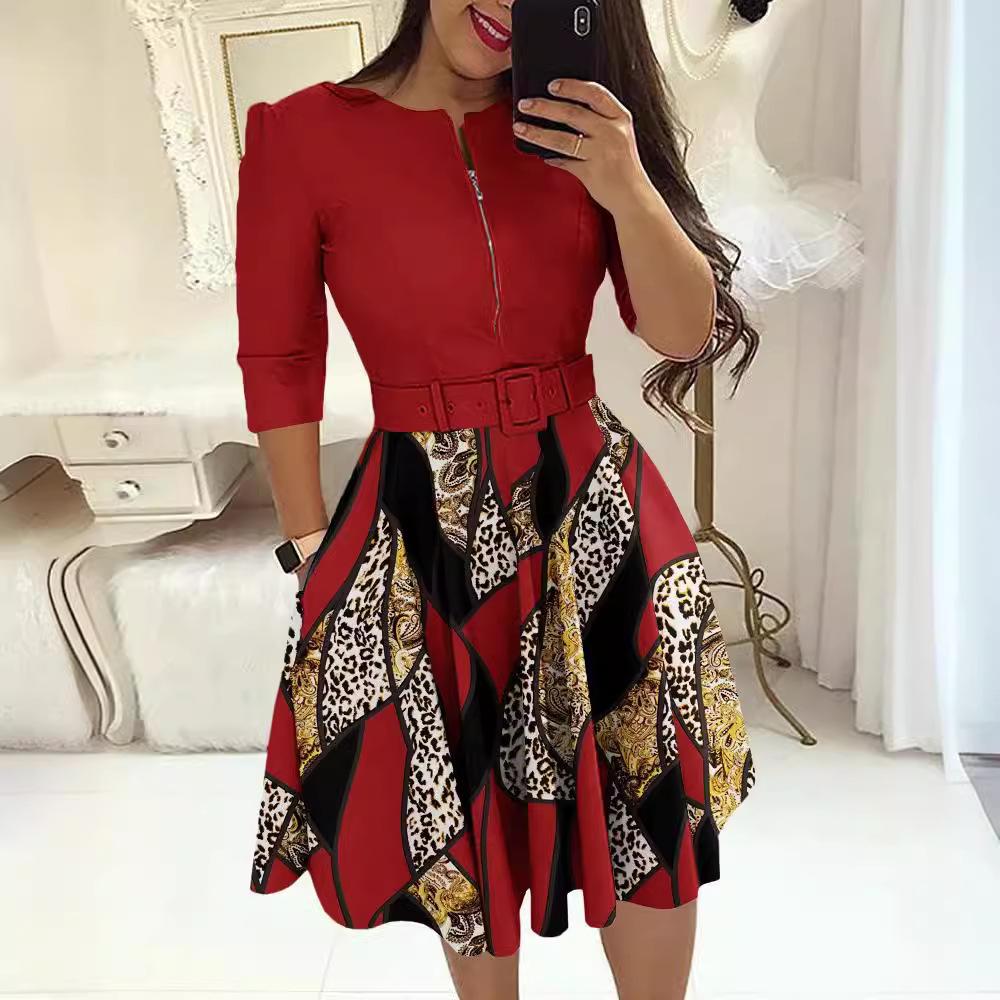 Women's Round Neck 3/4 Sleeve Geometric Print Midi Dress With Belt African Ethnic Office Swing Dress