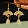 925 Silver Chinese Bamboo Leaf Fan Earrings with Imitation Hetian Jade and Enamel for Girls