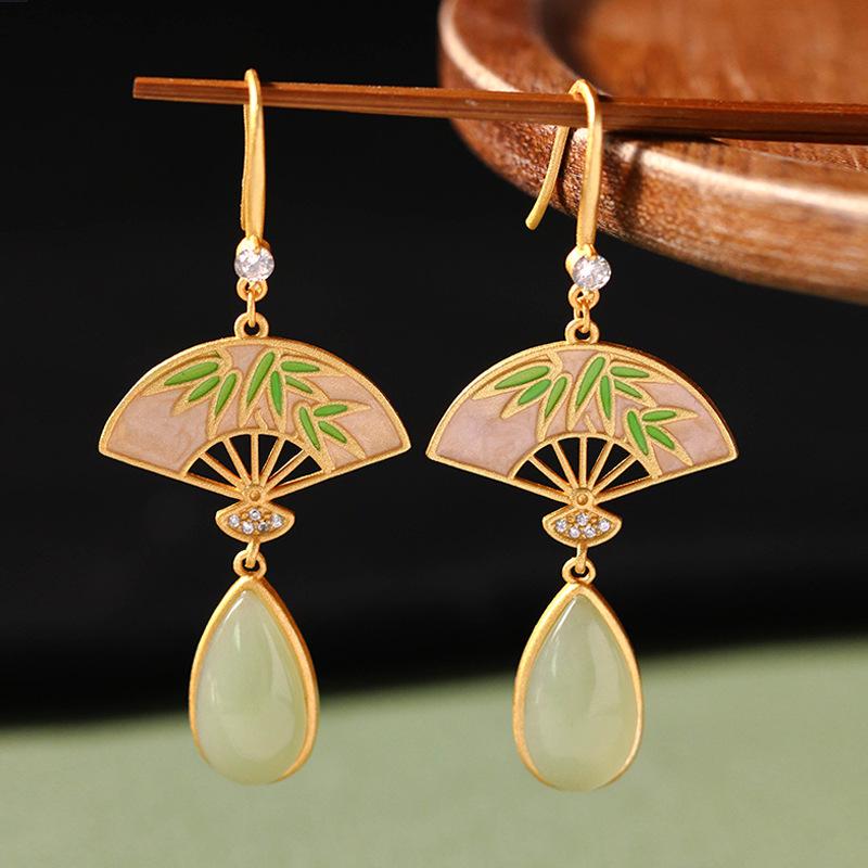 925 Silver Chinese Bamboo Leaf Fan Earrings with Imitation Hetian Jade and Enamel for Girls