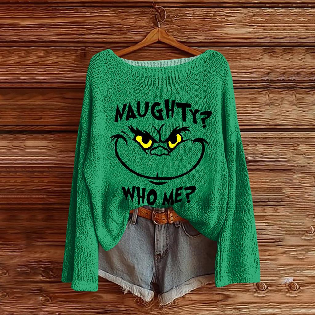 Dame Rund hals Lett genser Casual Langermet Juleprint Strikket Pullover.