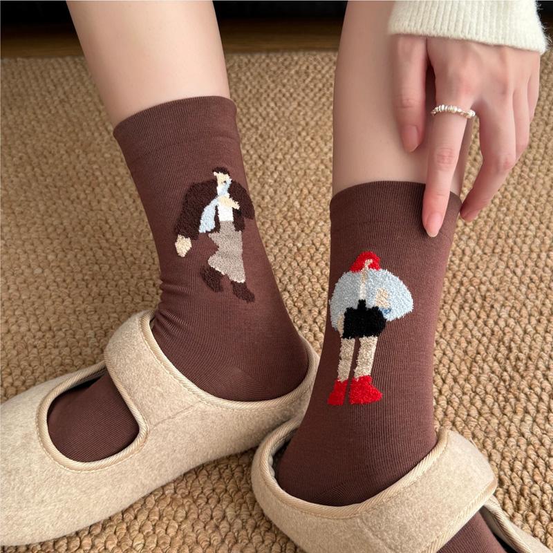 

1 пара носков с мультяшным персонажем в винтажном стиле, хлопковые мультяшные носки с AB-флокированием, бесшовные носки с масляной живописью темно-коричневого