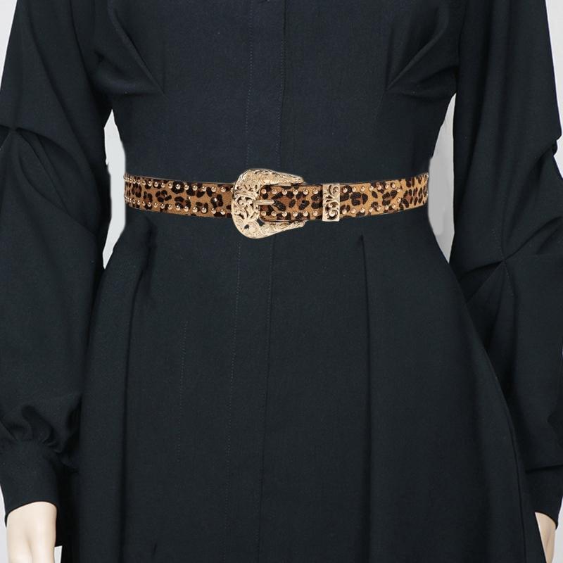 Pin Buckle Belt for Pants Rivet Studded Leopard Pattern Belt Subcultures Sweater Belt 2000s Hot Girl Belt Waist Accessory