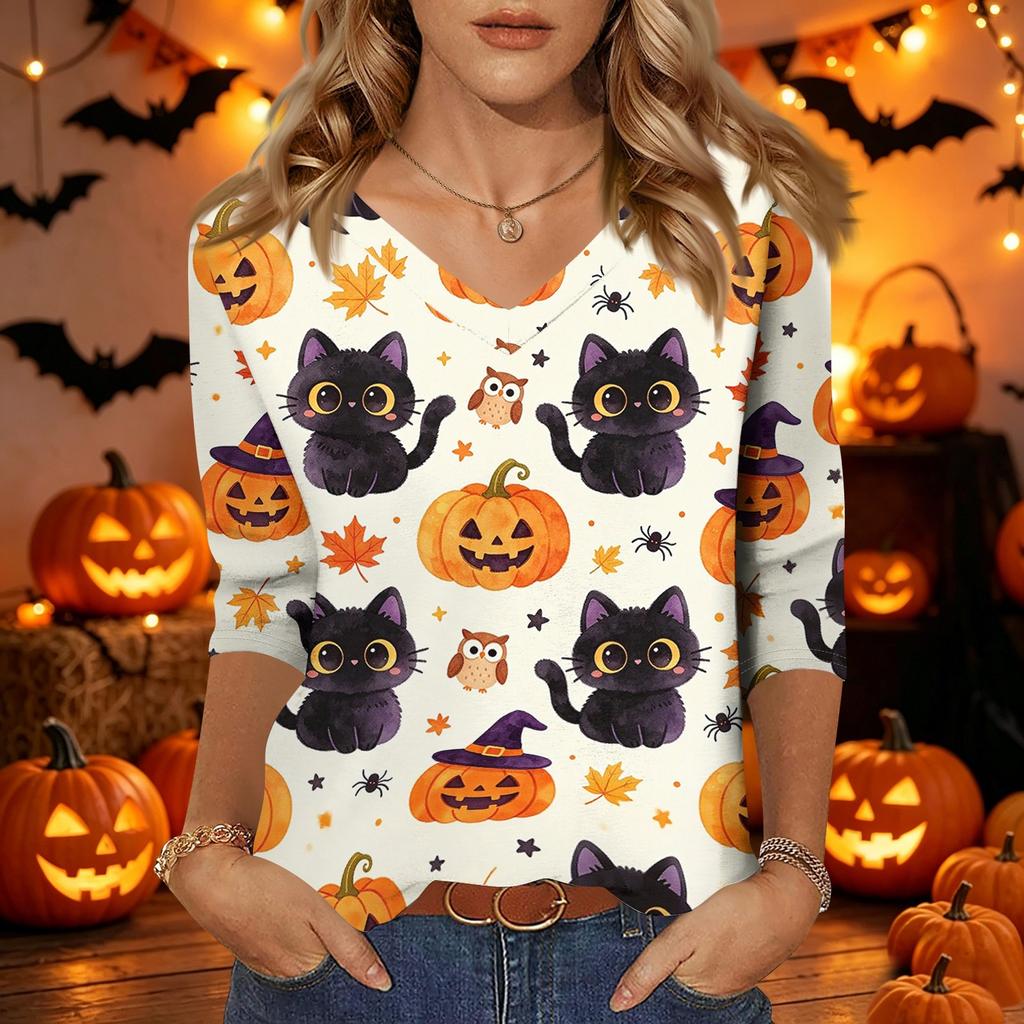 Women Casual Halloween Print V Neck Three Quarter Sleeve Top Lightweight Comfortable Fit Stylish Design for Daily Wear