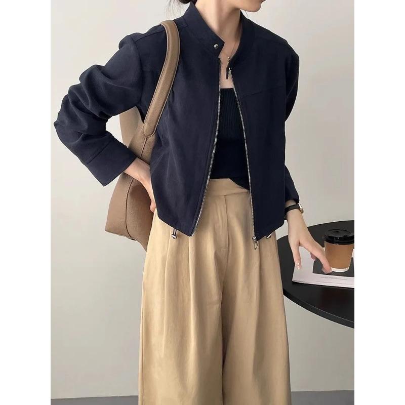 

Women s Minimalist Navy Stand Collar Long Sleeve Cropped Jacket S темно-синий
