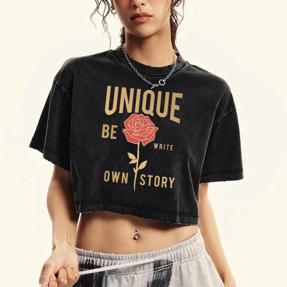 

Unique Be Write Own Store Flower Printing Women Washed Crop T Shirt Retro Crewneck T-Shirt Tee Shirts Cotton Tops M