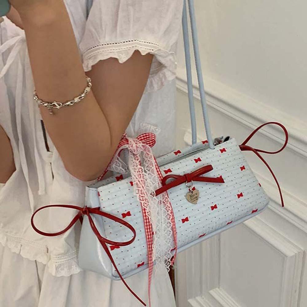 Sweet French Stick Handbag Lace Ribbon Underarm Bags Shopping Bow PU Shoulder Bag Daily