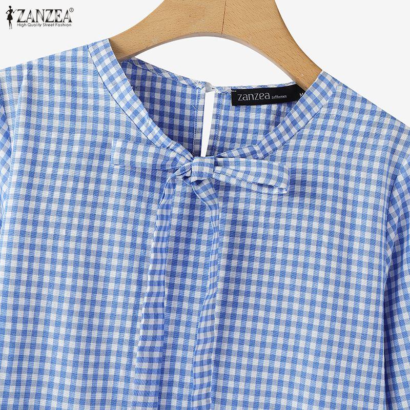 ZANZEA Women Plaid Print Casual Round Neck 3/4 Sleeve Blouse