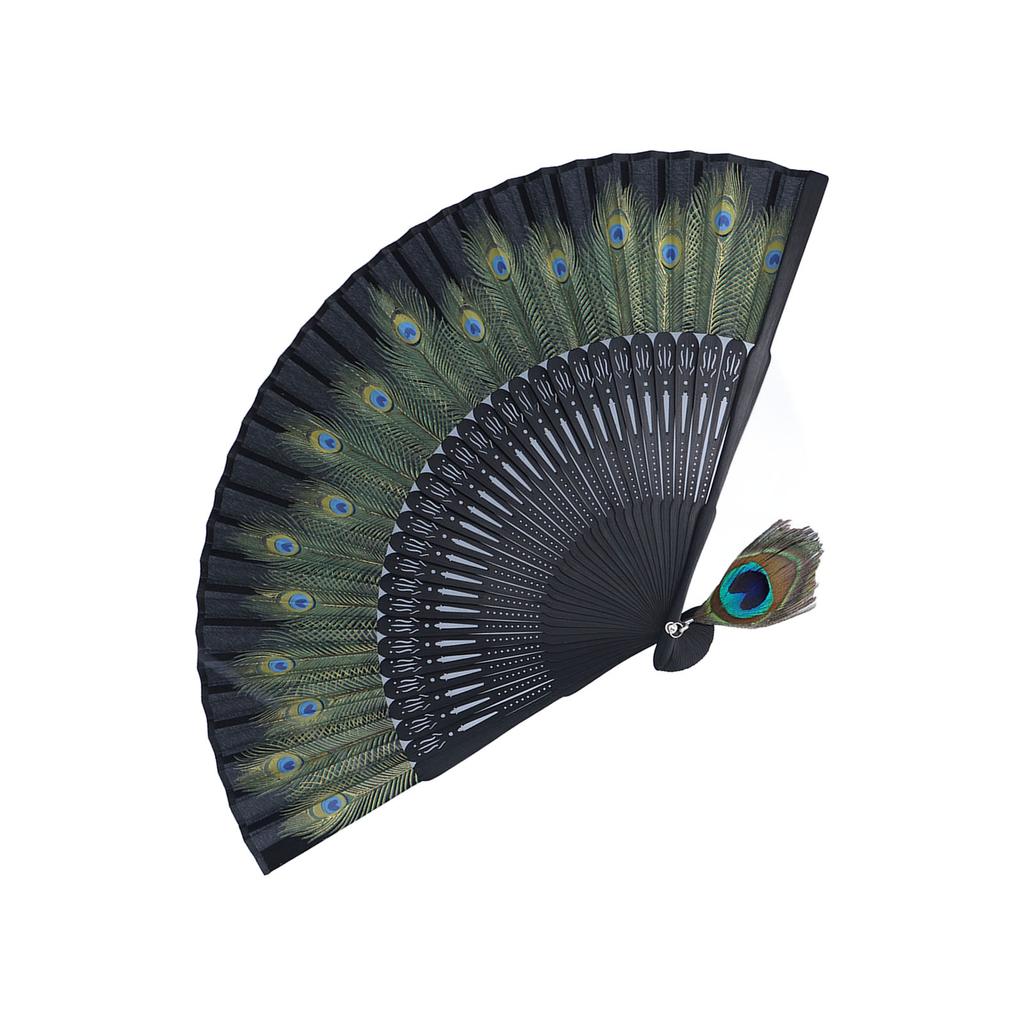 Folding Fan Black Bones Beautiful Peacock Pattern Antique Bamboo Hand Fan for Performance Clothes Decoration Gift