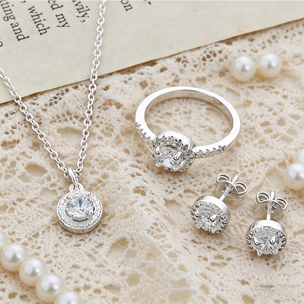 S Copper Cz Jewelry Set, Round Halo Cubic Zirconia Ring Necklace Earrings Set For Women Wedding