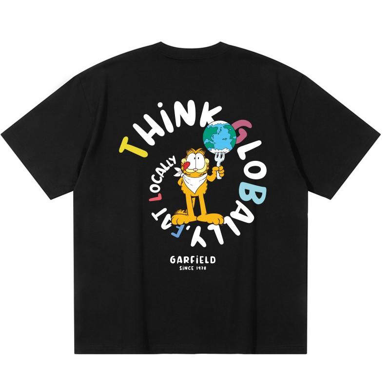 

Garfield Think Globally Eat Locally Funny Print Short Sleeve T-Shirt, American Streetwear Brand Heavyweight Cotton Loose Fit Oversized Couple Top S