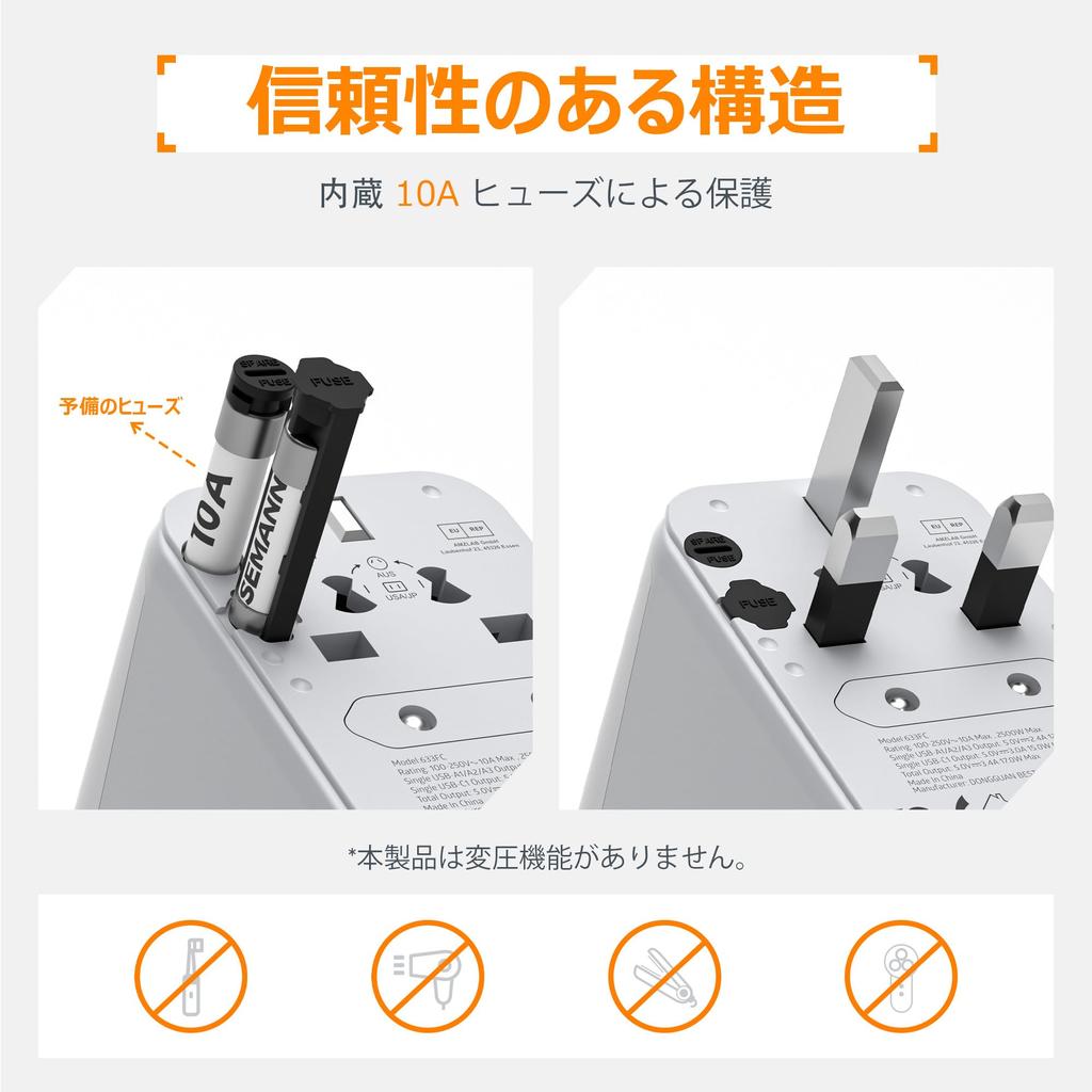 TESSAN International Adapter Plug, Worldwide Compatible, ABFOC Type Outlet Converter with 3 USB-A and 1 USB-C Ports, Compatible with Europe, Korea,