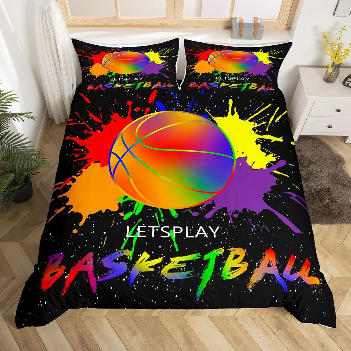 

Basketball Duvet Cover Twin Queen For Boys Teens Bedroom Sports Games Bedding Set Rustic Farmhouse Wooden Board Comforter Cover AU Single(140x210cm)