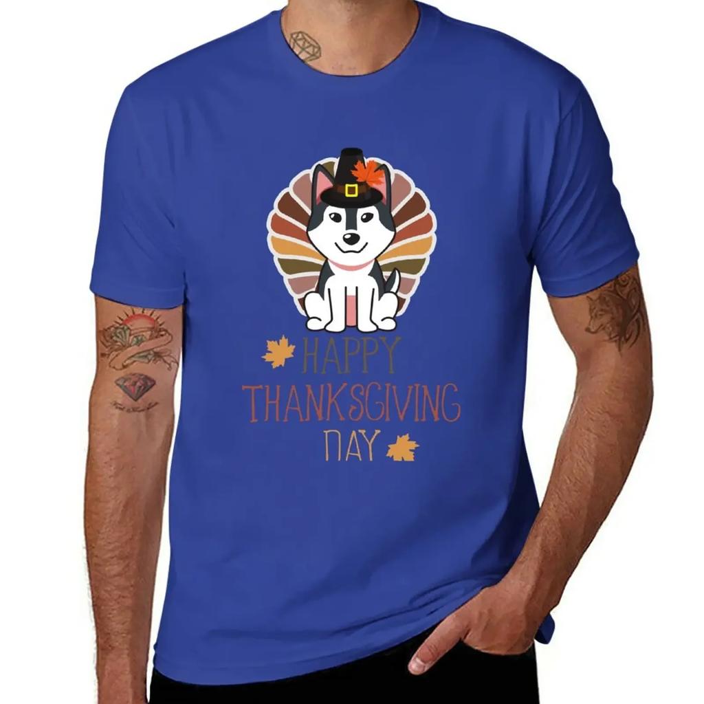 Funny and Cute Happy Thanksgiving Turkey Husky Gift For Dogs Lover T-Shirt tees kawaii clothes fruit of the loom mens t shirts