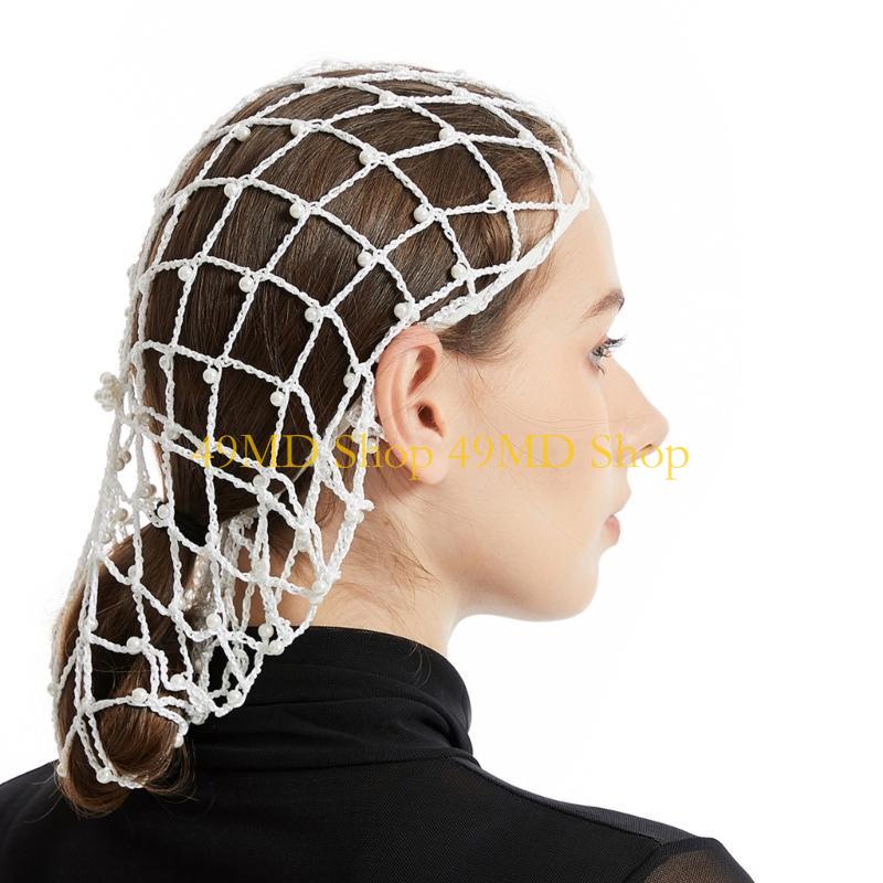 49MD Elegant Handmade Crochet Snood Hair Net Turban Hat for Women with Pearls Bead Decoration Great for Weddings and Parties