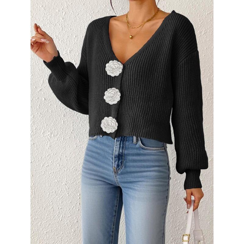 Women S Knitted Cardigan Sweater Streetwear Short Top With Crochet Buttons