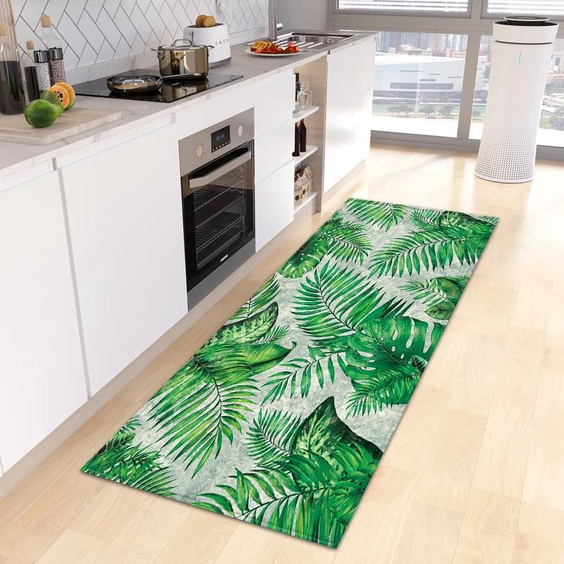 Green Tropical Leaves Kitchen Mat, Non-Slip Washable Entrance Doormat, Living Room Hallway Rugs, Bedside Carpet