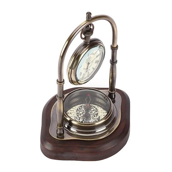 Antique Brass Nautical Vintage Style Table Clock with Wooden Base