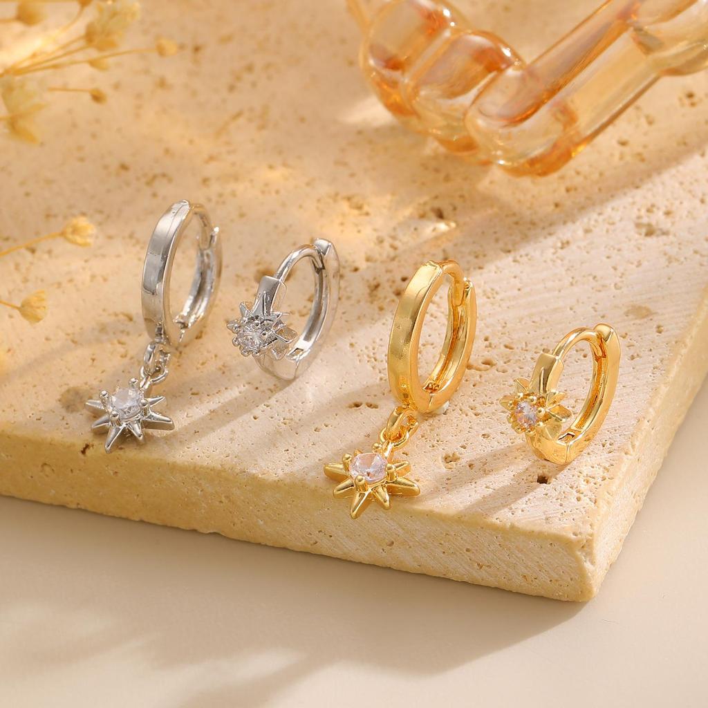 Elegant Asymmetrical Eight-Pointed Star Earrings, French Light Luxury Style, Simple Gold Ear Cuffs for Women