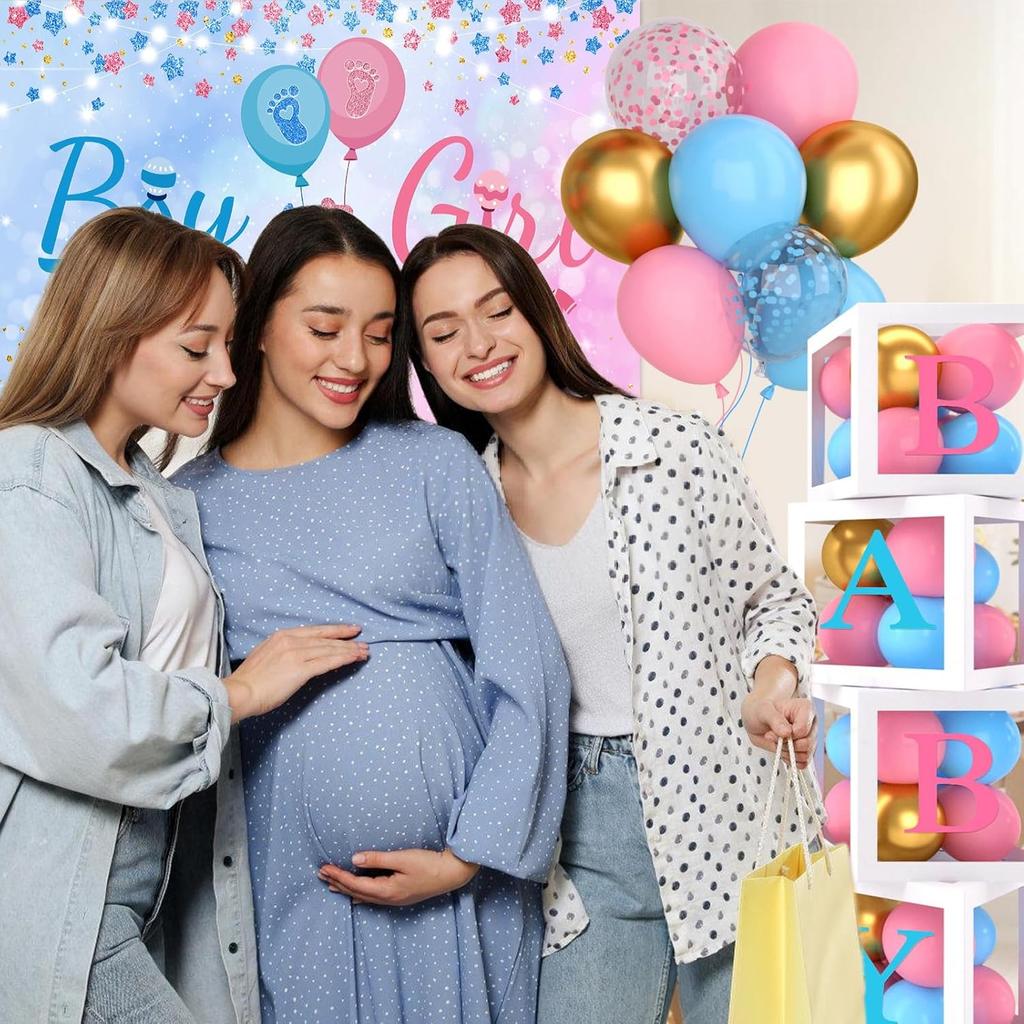 Baby Gender Reveal Party Decorations - Pink Blue Balloon Arch Garland Kits With 4pcs Baby Boxes, Gender Reveal Backdrop and Tablecloths for Baby