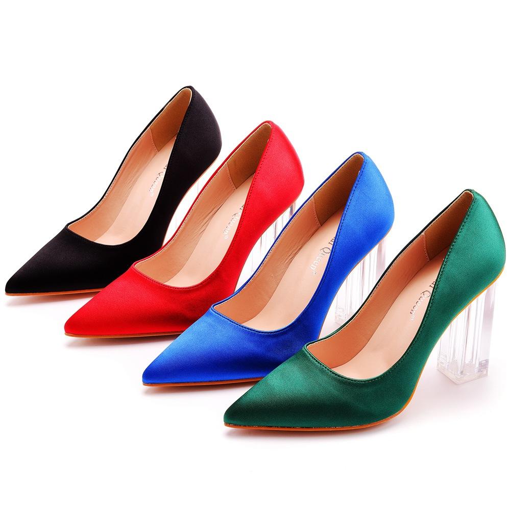 9cm Crystal Transparent Square Heel Pointed Toe Single Shoes Dance Party Bridal Shoes Satin Cloth Rhinestone Skirt Shoes Wedding Shoes