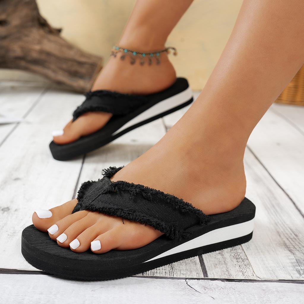 Slippers Women's Summer Casual Outerwear Slope Heel Thick Sole Solid Color Canvas Rough Edge Beach Shoes Seaside Sandals Flip-flops