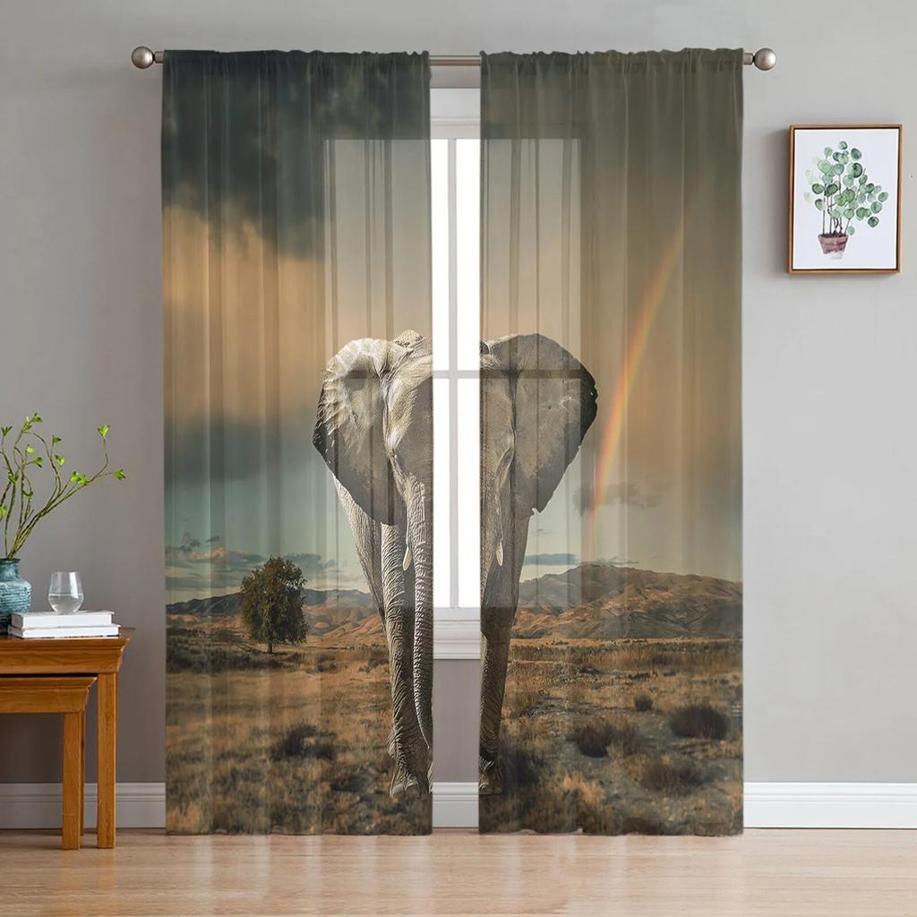 Tier-Elefant-Grasland-Tüllvorhänge für Wohnzimmer, Schlafzimmer, moderne, durchsichtige Chiffon-Küchenvorhänge