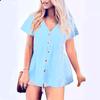Summer V-neck Pure Cotton Short Sleeved Shirt Button Solid Color Women's Blouses & Shirts