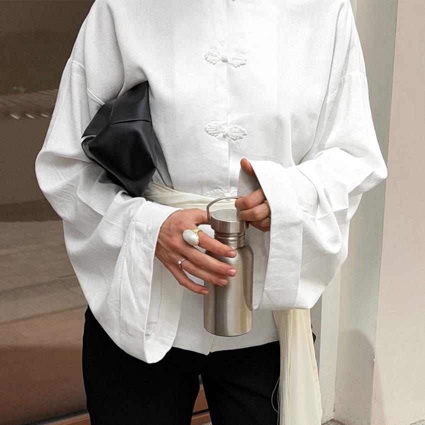 New Chinese style stand-up collar button-down shirt casual loose shirt fashion commuter versatile horn long-sleeved top