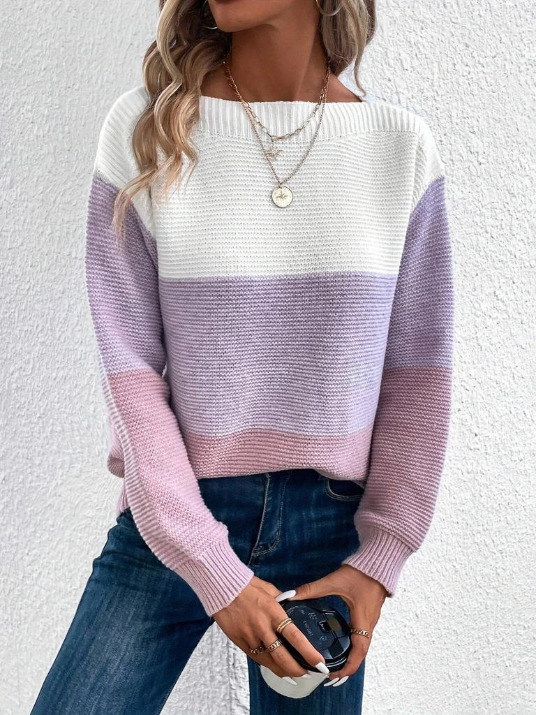Autumn and winter crew neck splicing versatile striped sweater women's lazy style top loose large size pullover knitted sweater