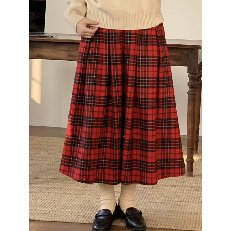 Red Plaid Wool Pleated A-line Skirt Large