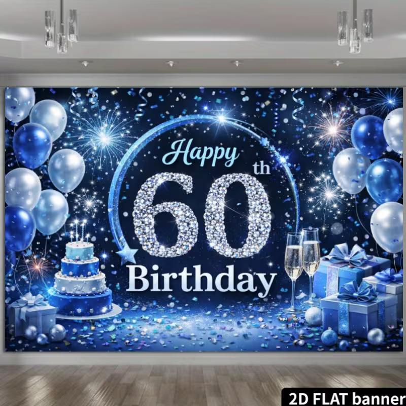 2D Blue Silver Themed 60th Birthday with Confetti & Sparkles Photography Background