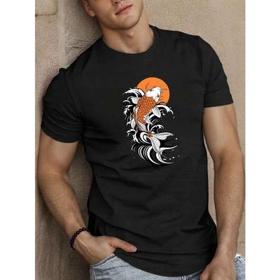 Europäische Größen Herren Koi-Fisch Grafik T-Shirt, Lässiger Rundhalsausschnitt, Polyester-Strickstoff mit leichter Dehnbarkeit, Geometrisches Muster, Normale Passform,