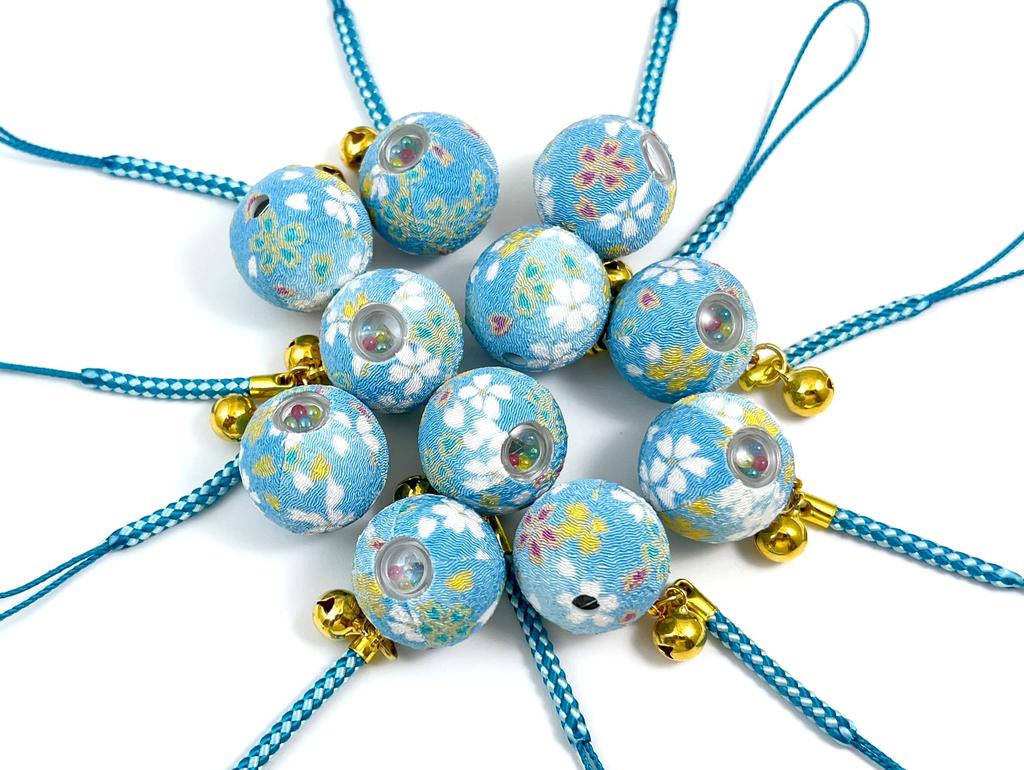 Flower Chirimen Kaleidoscope Japanese Pattern Chirimen Bell Strap Keychain [ZOOM] (Sky Blue)