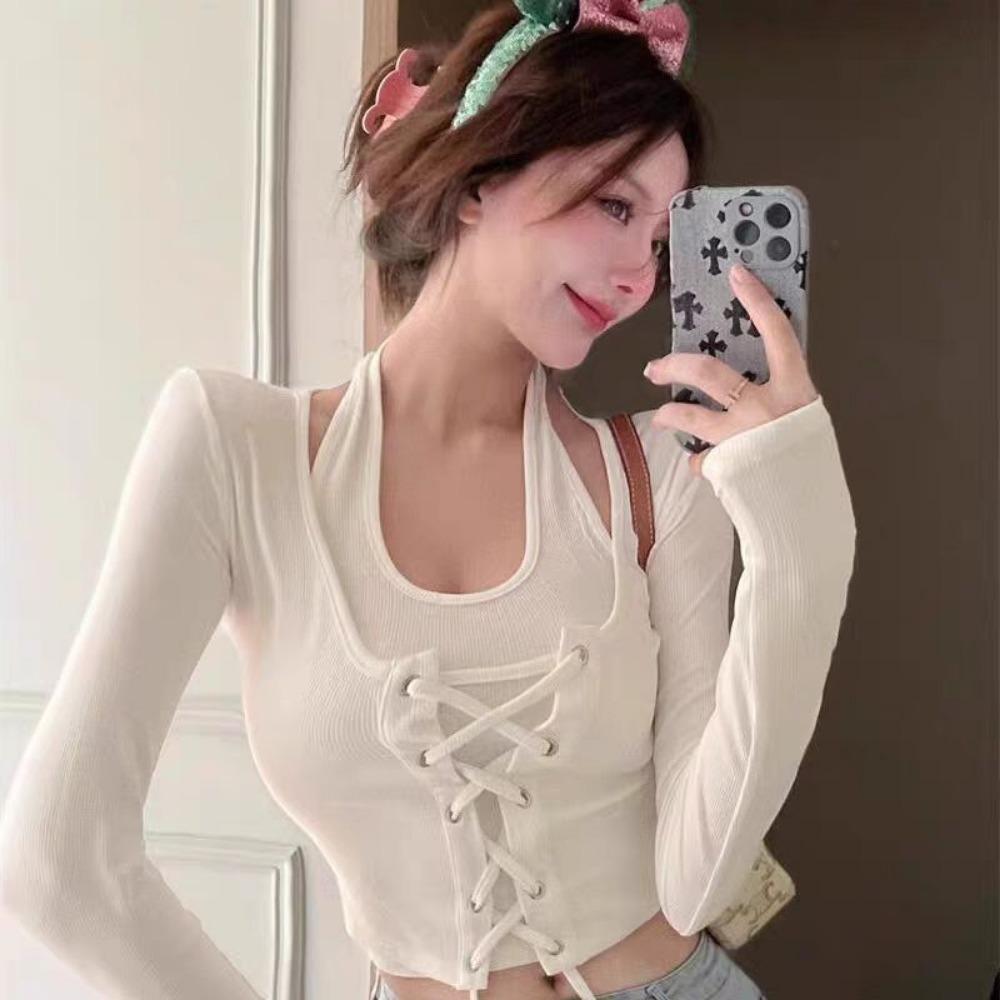 

Чистое желание повесить на шею поясной ремень Шикарный топ с длинными рукавами в стиле «два в одном» Женская атмосфера Короткая и уникальная футболка S