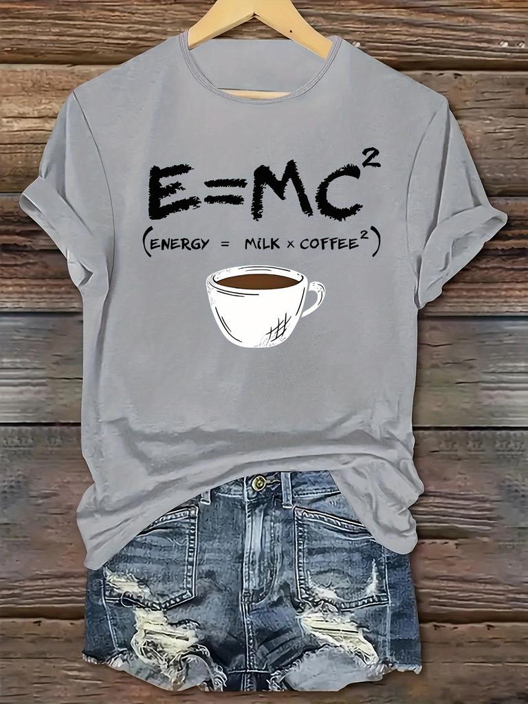 Round Neck Short Sleeve Machine Washable White Women's Casual Coffee & Letter Print T-Shirt - Soft Polyester Blend