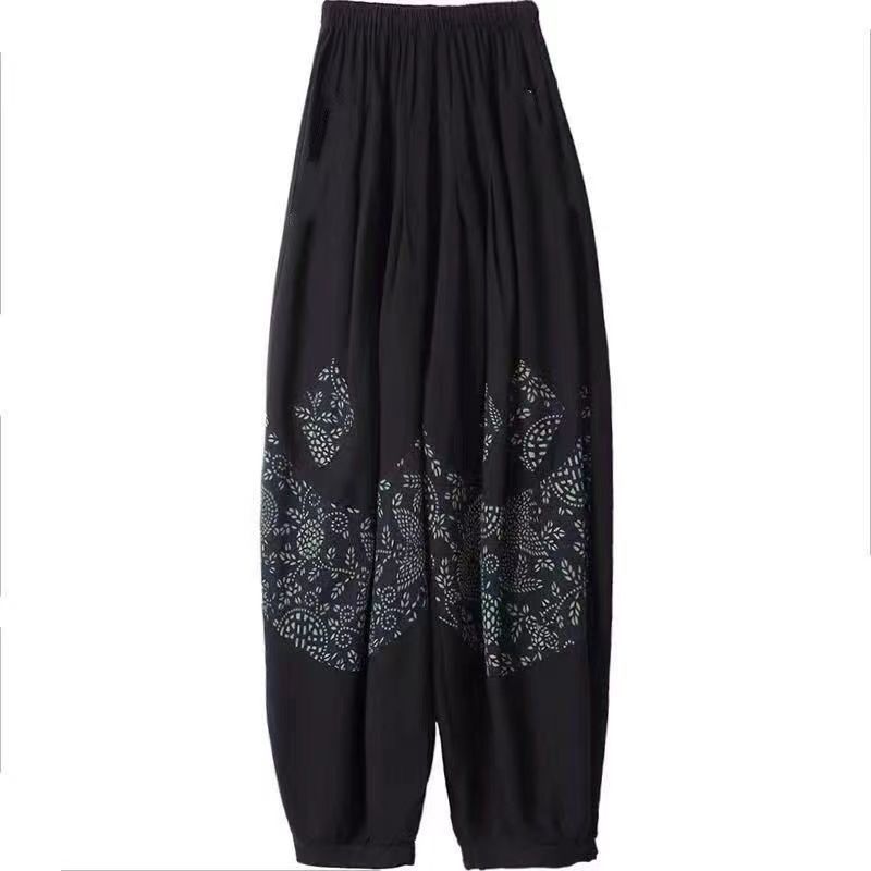 Etnisk stil Blommig Lös Lanternabyxor Kvinnor Vår Sommar Bomull Elastisk Hög Midja Ficka Lös Casual Byxor