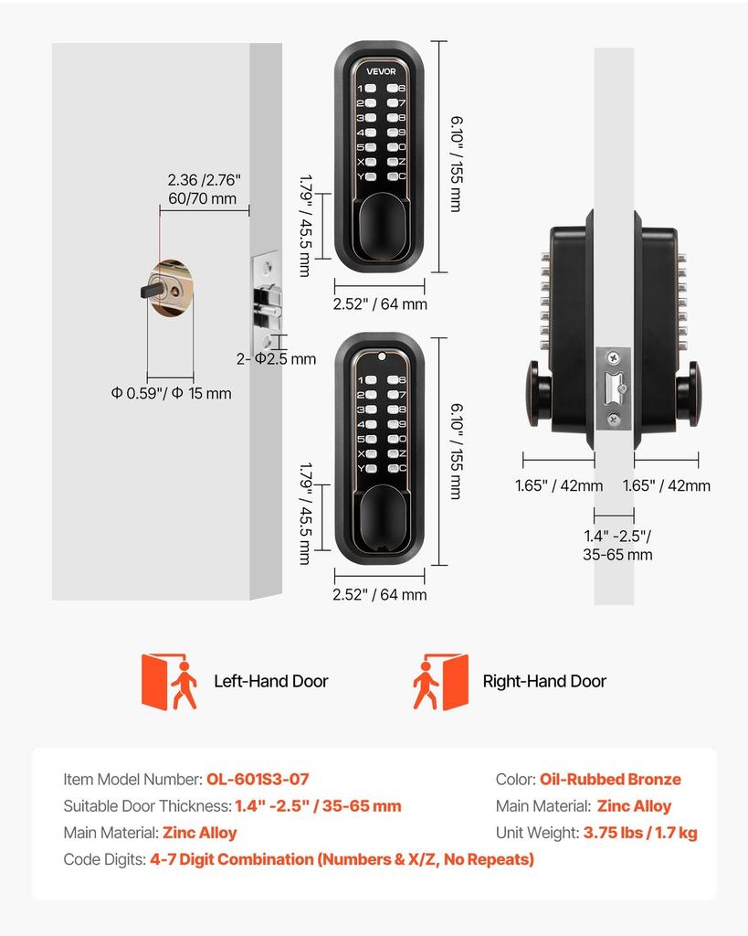 Mechanical Keyless Entry Door Lock, 2.0 Code Upgrade, 4-7 Digits Code, Double-Sided Push Button Combination Mechanical Keypad Door Knob, Auto Locking,