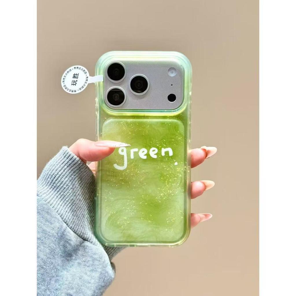 ins smudge glitter green English applicable Apple 17promax mobile phone case 16iphone15 anti-drop case protection