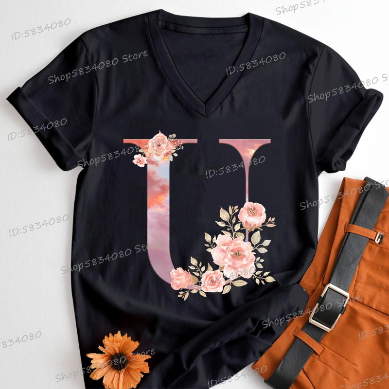 Womens Clothing Pink Flower Alphabet Classic Top Sky Alphabet Cartoon Tshirt FeUnisex Floral Letters A B C D Birthday Gift Shirt