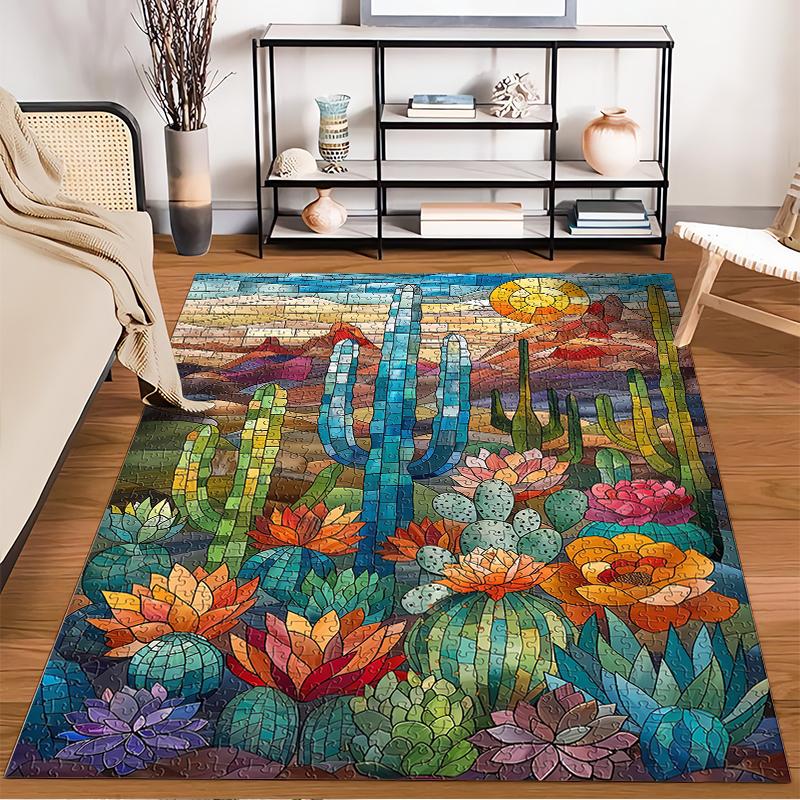 Colorful Stained Glass Style Cactus and Floral Design Carpet Rug Suitable for use as an anti-slip for living room bedroom sofas