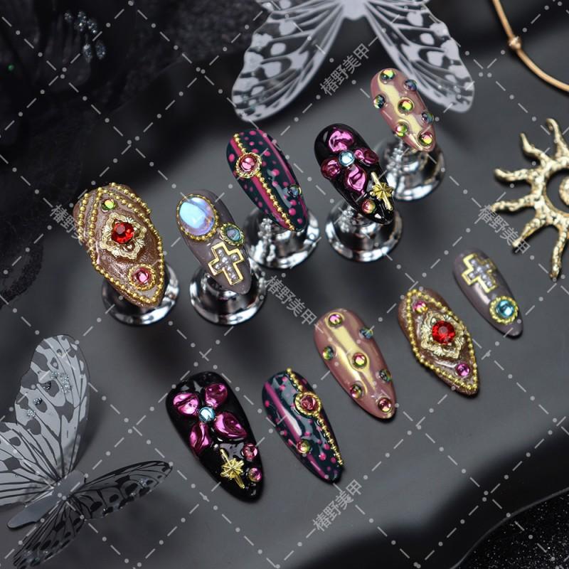 Gothic Press-On Nails With Cross Gemstone Relief Design Acrylic False Women Almond Shape Reusable Nail Tips