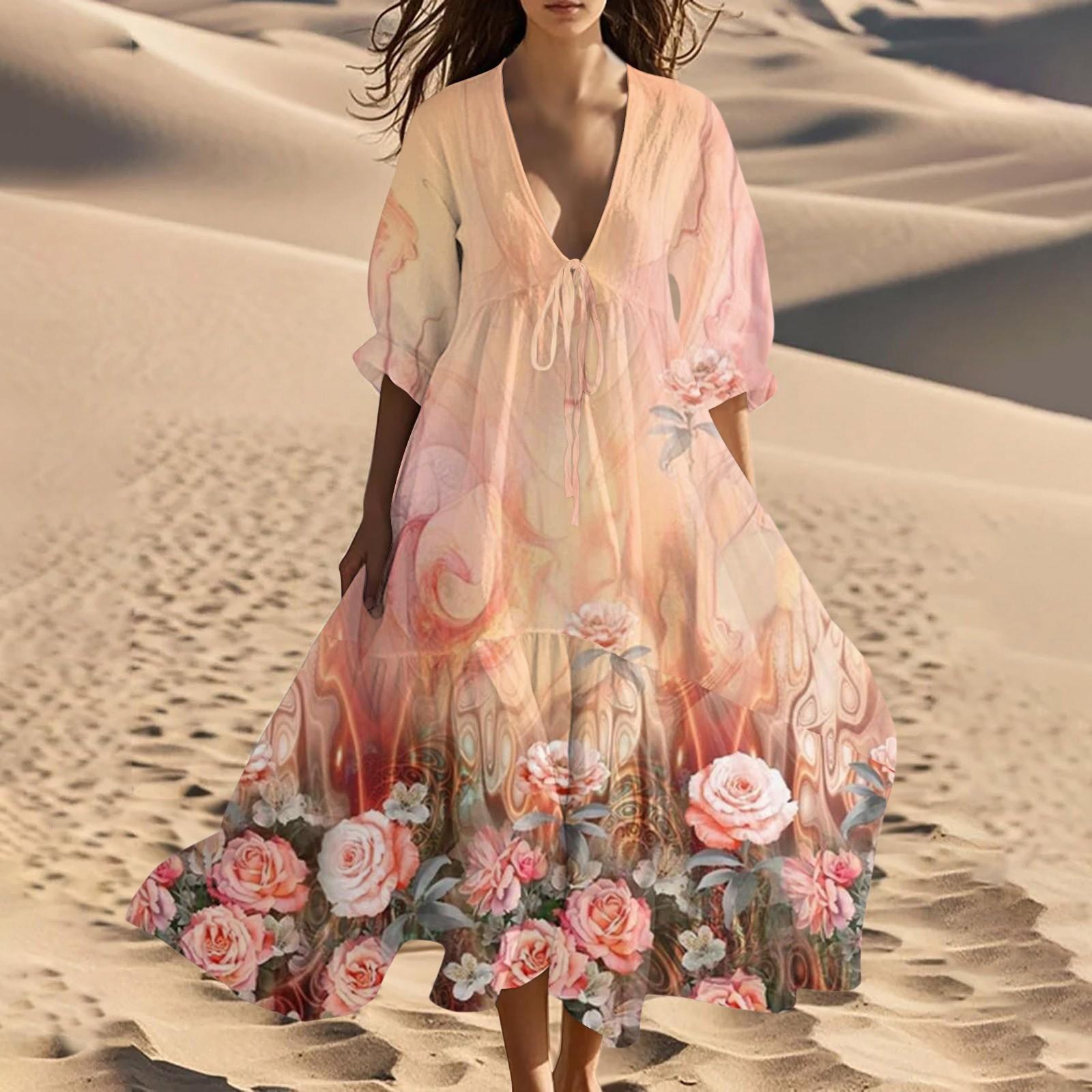 

Женское летнее модное платье макси с V-образным вырезом для пляжа, винтажное, с цветочным принтом, шнуровкой и вставками XL оранжевый