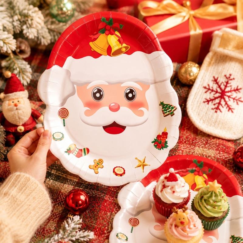 Holiday Party Supplies Tableware Set with Santa and Tree Paper Plates, Cups Napkins Hanging Sign and Table Cover for Christmas Dinner Tables