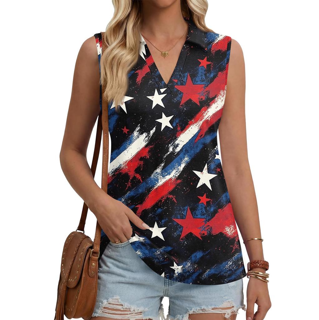 Womens Sleeveless Button Down V Neck Collared Top with Printed Pattern Casual Loose Fit Comfortable Tank Blouse for Summer