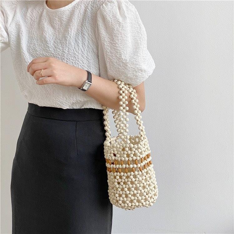 Stylish Summer Bucket Bag In Knitted Design Featuring Unique Colorful Beads