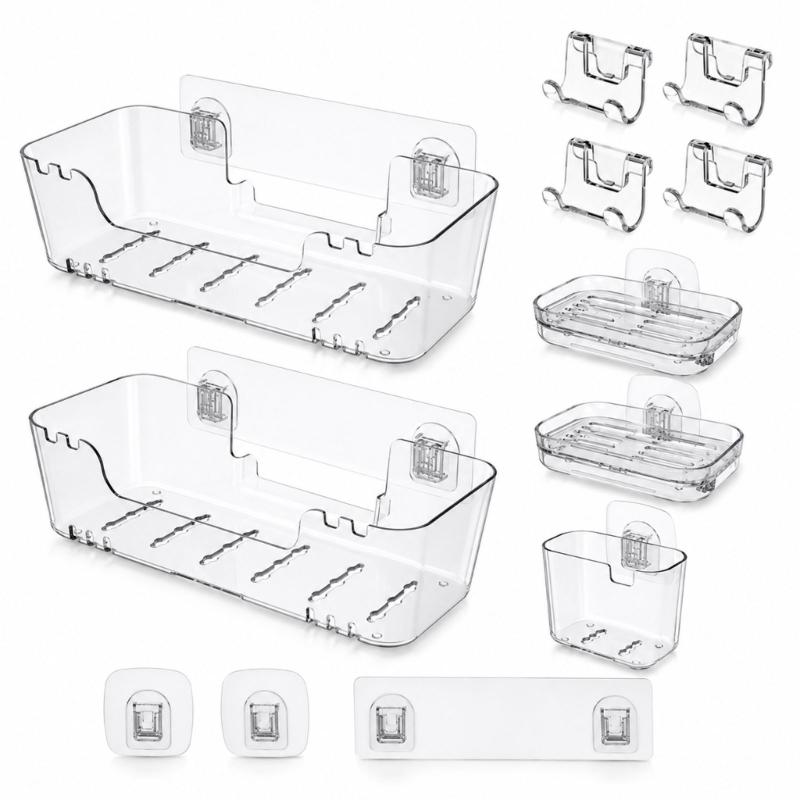 Bathroom Wall Shelf with Open Base, Adhesive Shower Storage Rack for Mounting of Bottles, Soap and Daily Use Items near Sink Side Storage
