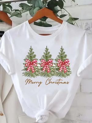 (Asiatische Größe) Baum lieblicher Stil niedlich neues Jahr T-Shirt frohe Weihnachten Festival O-Ausschnitt Kleidung Damen Oberteil T-Druck Mode Damen Grafik T-Shirts