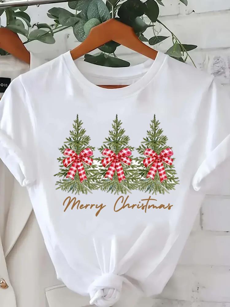 (Asian Size) star tree happy new year Tee merry Christmas festival O-neck Clothing Women's Top T Print Fashion ladies Graphic T-shirts