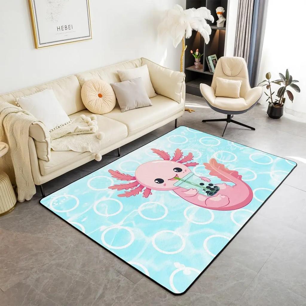 Kawaii Axolotl Area Rug for Girls, Space Moon Print Rug Kids Farm Animal for Bedroom Living Room Decoration Non Slip Carpet