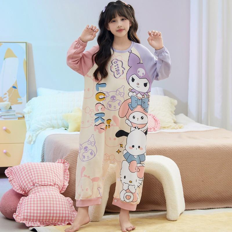 Girls Cotton Pajama Set Long Sleeve One-Piece Sleepwear Collection Cartoon Animal Print Kids Nightwear 3-8 Years